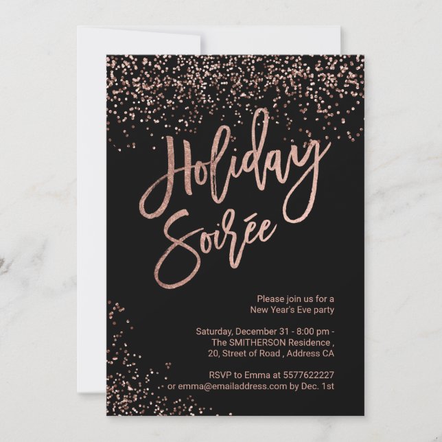 Convites Holiday Soirée script rosa gold - ano novo (Frente)