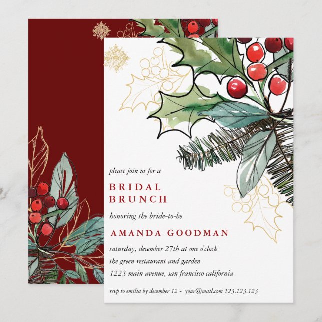 Convites Holly Berries Casamento de Natal Bridal Brunch (Frente/Verso)