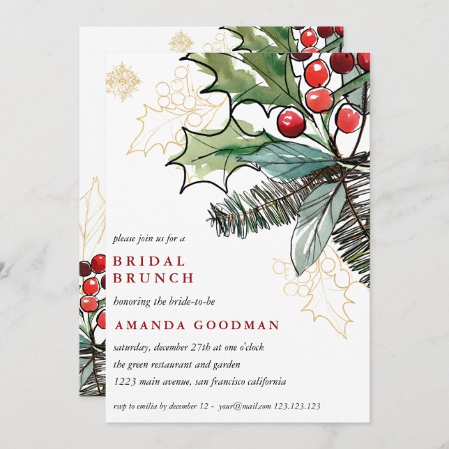 Convites Holly Berries Casamento de Natal Bridal Brunch (Frente/Verso)