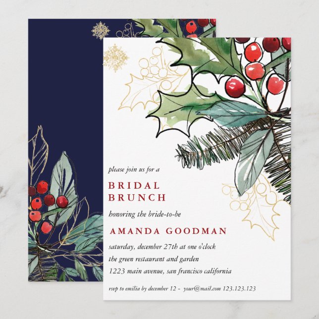 Convites Holly Berries Casamento de Natal Bridal Brunch (Frente/Verso)