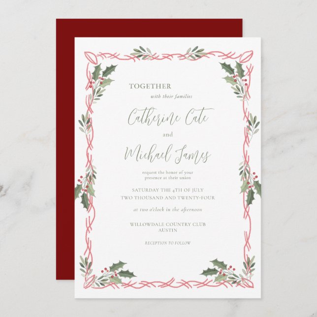 Convites Holly Berries Christmas Theme Wedding (Frente/Verso)