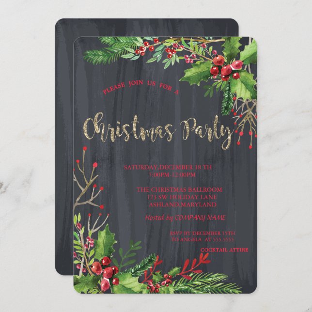 Convites Holly Berries, Festa de Natal da Companhia Negra (Frente/Verso)