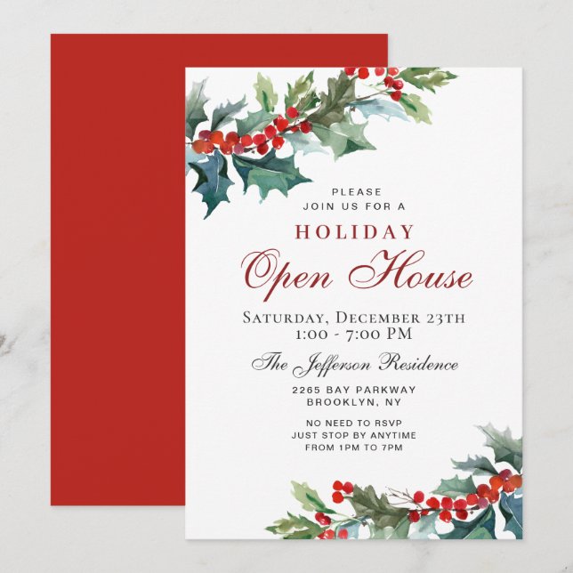 Convites Holly Berry Christmas Mistletoe Holiday OPEN HOUSE (Frente/Verso)