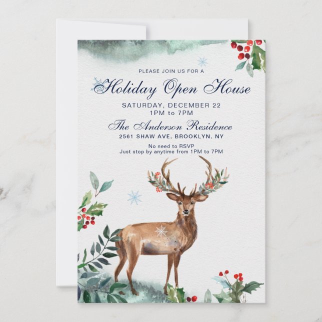 Convites Holly Berry Deer Natal Open House (Frente)