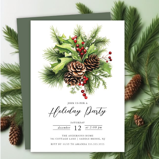 Convites Holly Berry Pine Holiday Party (Criador carregado)