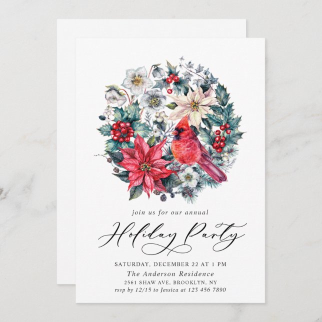 Convites Holly Berry Red Cardinal Vintage Party (Frente/Verso)