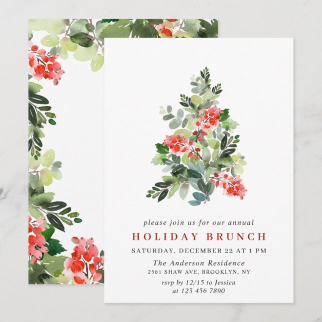 Convites Holly Berry Tree CHRISTMAS HOLIDAY BRUNCH (Frente/Verso)