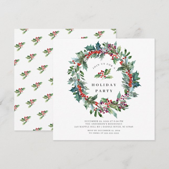 Convites Holly Berry Wreath Festa de Natal (Frente/Verso)