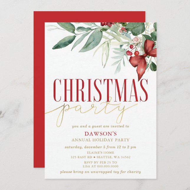 Convites Holly Botanical Corporate Christmas Party  (Frente/Verso)