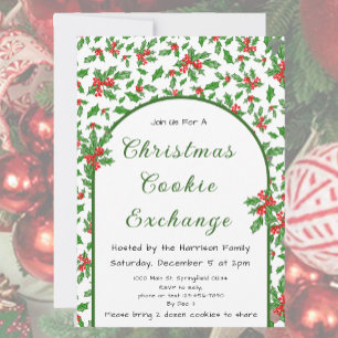 Convites Holly Christmas Cookie Exchange Red and Green