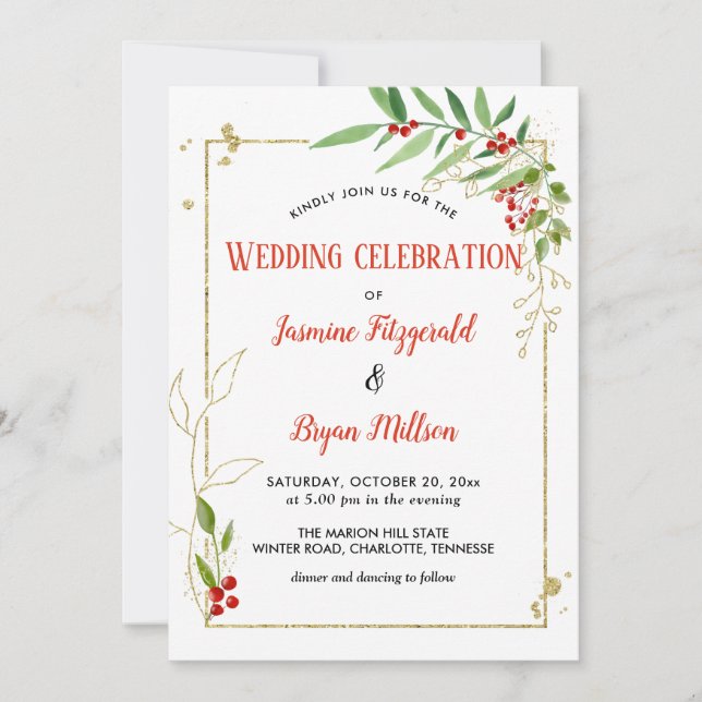 Convites Holly deixa Berry Frame Natal | Casamento (Frente)