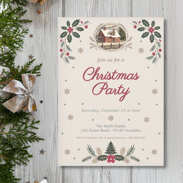 Convites Holly Leaves & Berries - Partido Natal vintage (Holly Leaves & Berries - Vintage Christmas Party Invitation)