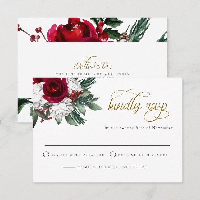 Convites HOLLY Winter Christmas Burgundy Floral RSVP Card (Frente/Verso)