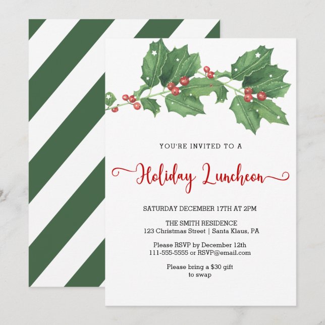 Convites Holly Wreath Holiday Luncheon (Frente/Verso)