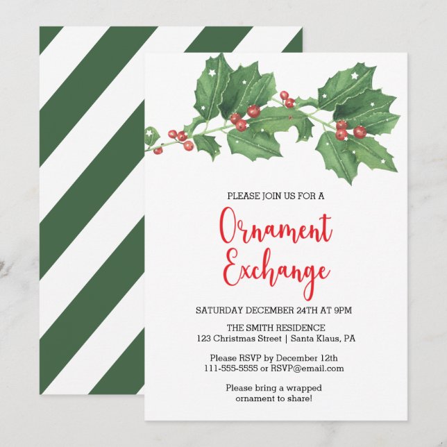 Convites Holly Wreath Ornament Exchange Party (Frente/Verso)