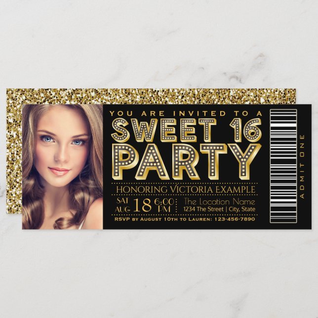 Convites Hollywood Glam Sweet 16 Ticket Black e Dourado (Frente/Verso)