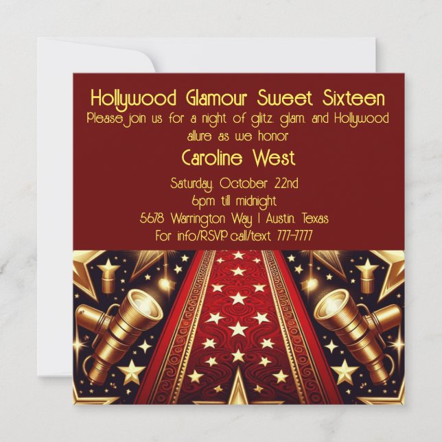 Convites Hollywood Glamor Sweet 16 (Frente)
