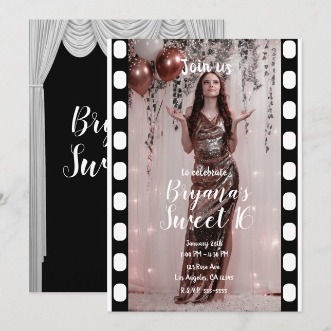 Convites Hollywood Movie Black White Curtain Sweet 16 (Frente/Verso)