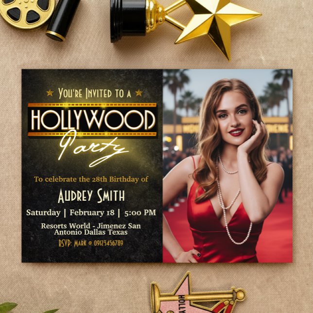 Convites Hollywood Party with Picture Birthday Invitation (Hollywood Party with Picture Birthday Invitation)