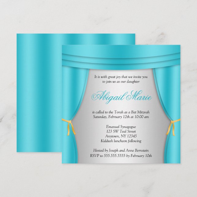 Convites Hollywood Teal Silver Curtain Bat Mitzvah Square (Frente/Verso)