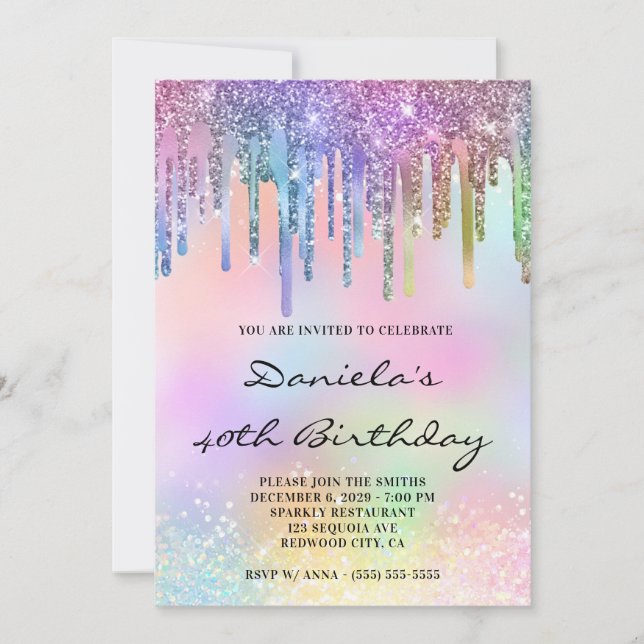Convites Holo Glitter Rainbow Drips 40th Birthday (Frente)