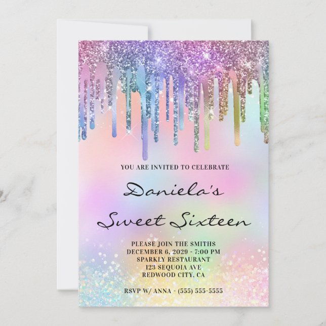 Convites Holo Glitter Rainbow Drips Sweet Sixteen (Frente)