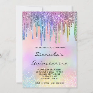 Convites Holo Glitter Rainbow Drives Quinceañera