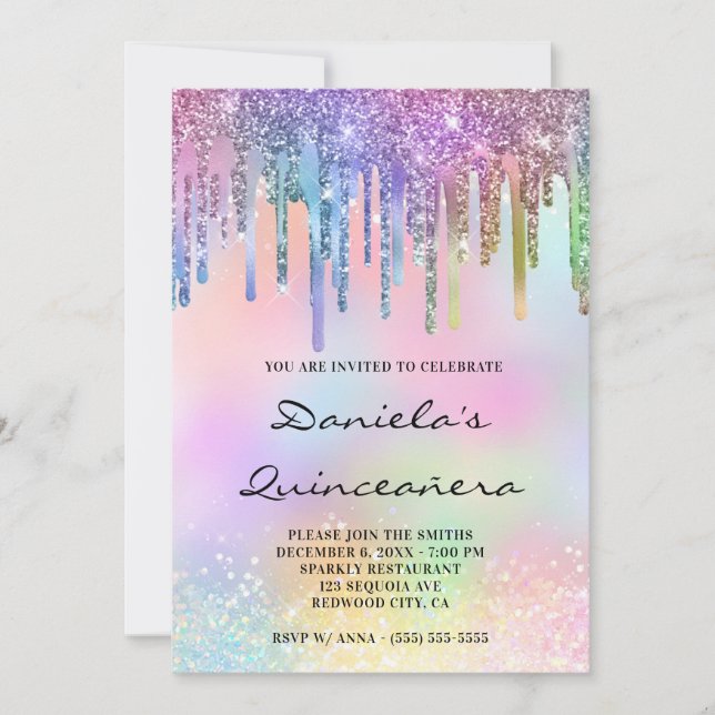 Convites Holo Glitter Rainbow Drives Quinceañera (Frente)