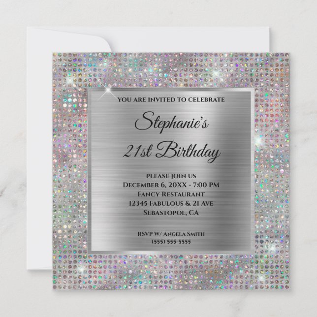 Convites Holo Silver Diamond Study aniversário de 21 anos (Frente)