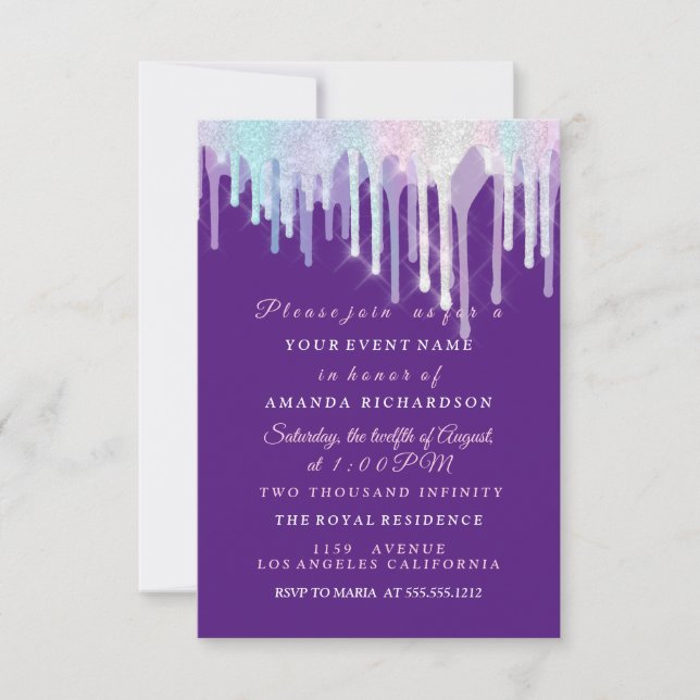 Convites Holographic Drips Unicorn Pink Purple Sweet 16th (Frente)