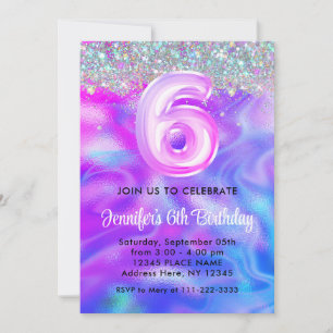 Convites Holographic Glitter 6 Girly Purple Birday