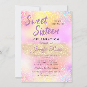 Convites Holographic Glitter Sparkles Sweet 16 Girly Modern
