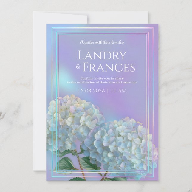 Convites Holographic Linear Lavender Hydrangea Wedding (Frente)