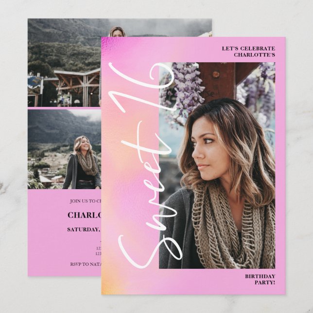 Convites Holographic ombre script rosa 4 foto Sweet 16 (Frente/Verso)