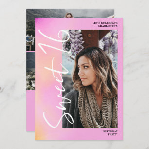 Convites Holographic ombre script rosa 4 foto Sweet 16