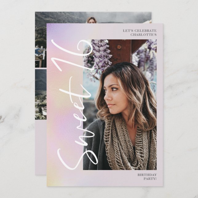 Convites Holographic ombre script teal 4 foto Sweet 16 (Frente/Verso)
