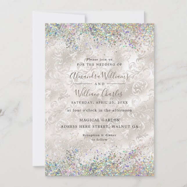 Convites Holographic Sparkly Glitter Elegant Ivory Wedding (Frente)