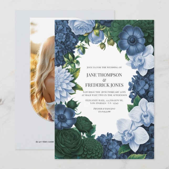 Convites Holstein Blue, Silver Slate & Smoky Pine Wedding (Frente/Verso)