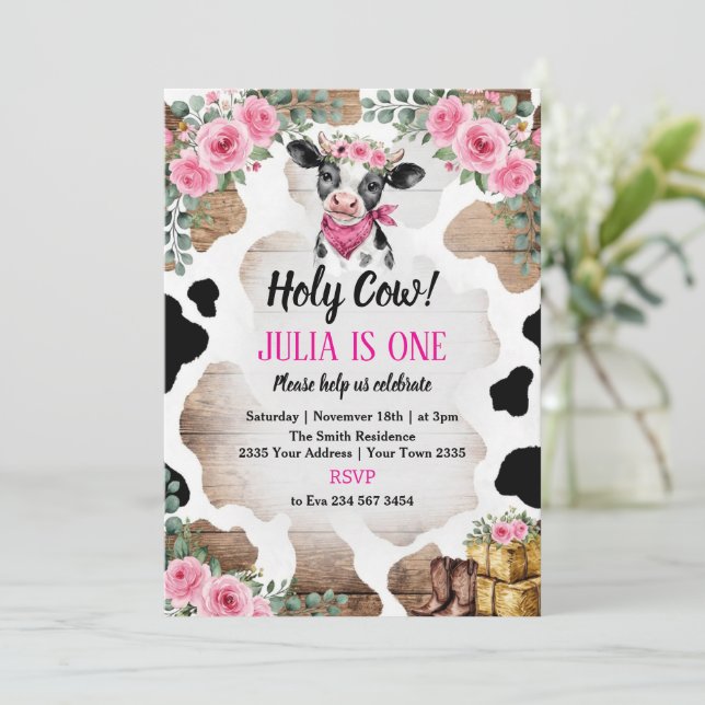 Convites Holy Cow Birthday Invitation | Cow Party (Em pé/Frente)