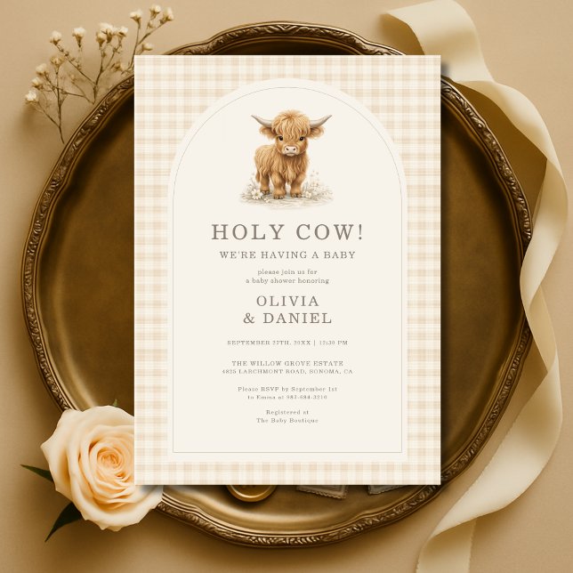 Convites Holy Cow Highland Cow Gingham Baby Shower (Criador carregado)