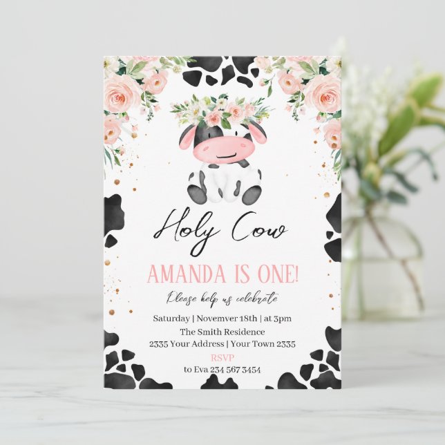 Convites Holy Cow I'm One. Little Cow. Floral Birthday (Em pé/Frente)