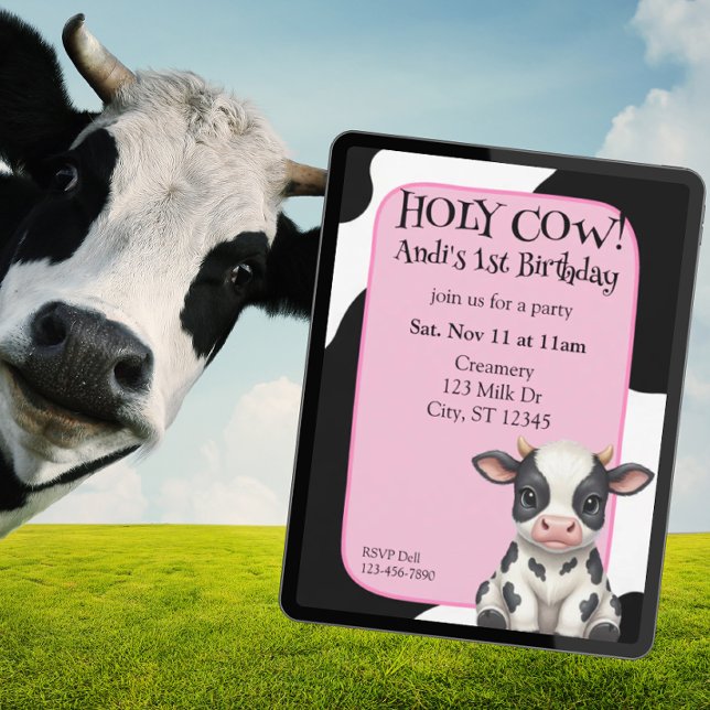 Convites Holy Cow, pink, cow 1st Birthday (Criador carregado)