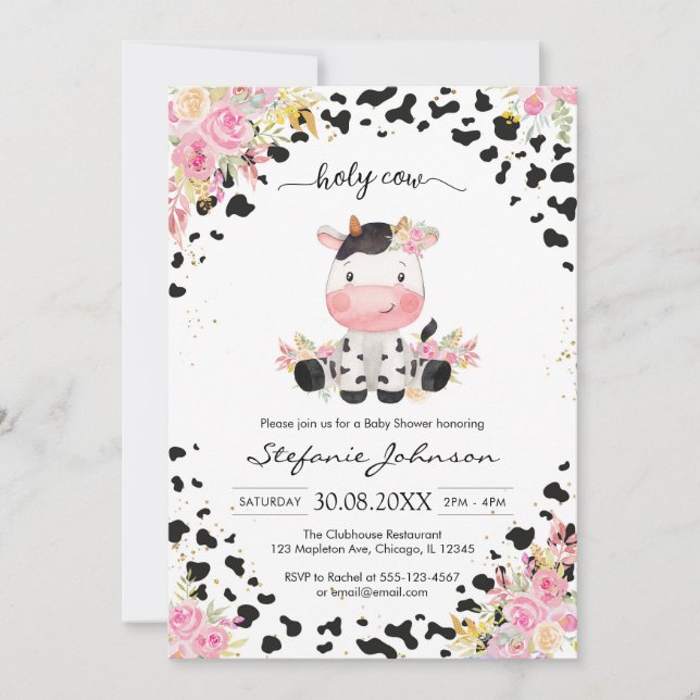 Convites Holy Cow Pink Floral Cowgirl Baby Shower (Frente)