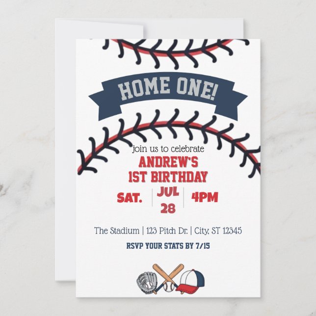Convites Home One, Baseball 1st Birthday (Frente)