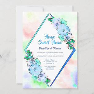 Convites Home Sweet Home Blue Floral Housearming Party