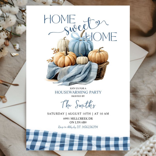 Convites Home Sweet Home Blue Gingham Pumpkin (Criador carregado)
