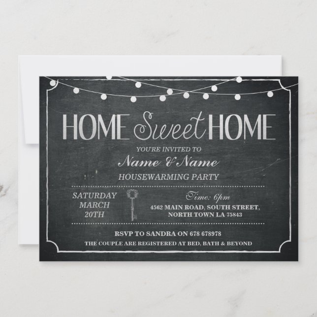 Convites Home Sweet Home Housearming Black & Silver Conite (Frente)