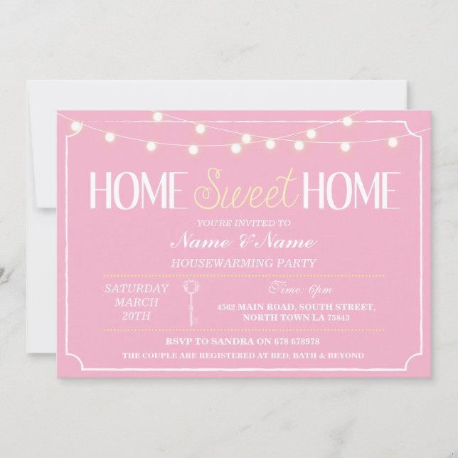Convites Home Sweet Home Housewiarming Pink White Key Convi (Frente)