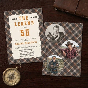 Convites Homem Mito Lenda Plaid de Cobre Aniversário de 50