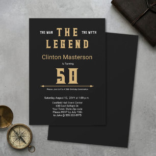 Convites Homem Mito Lenda Preto Dourado Elegante 50º Aniver